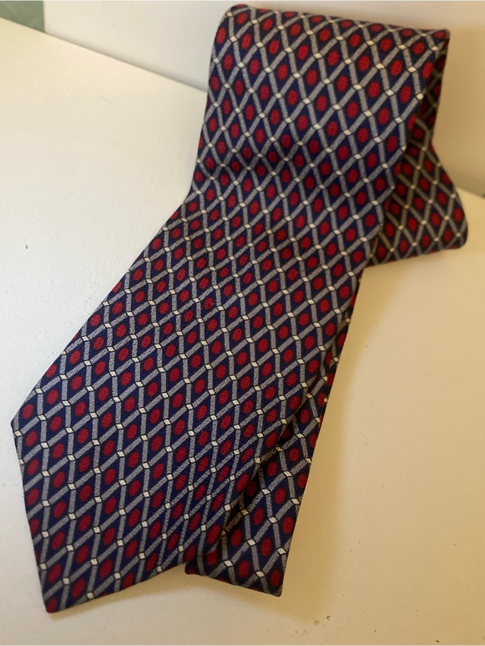 Source Unknown Navy Tie with Red and Silver Geometric Motif